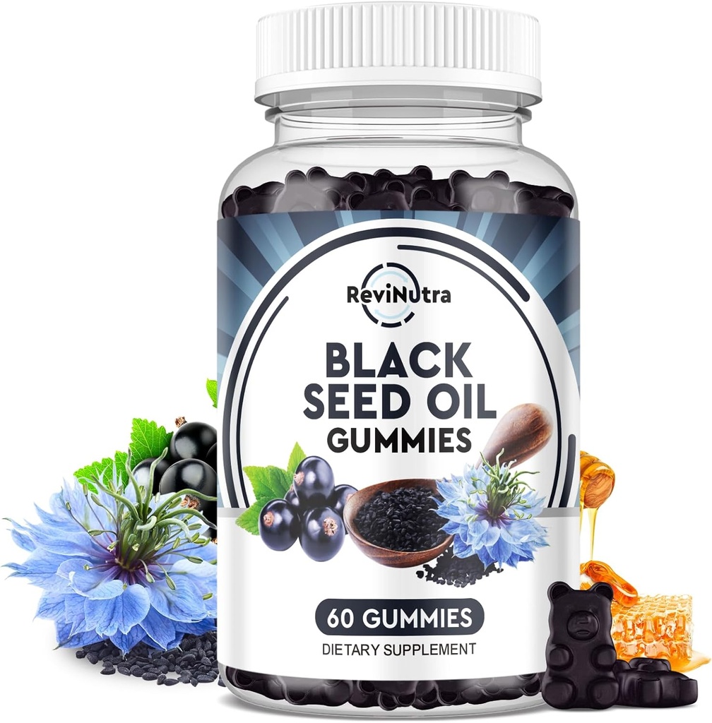 Musta siemenöljy Gummies-Organic kylmä Pressed Nigella Sativa Musta siemenöljy hunaja, B6-vitamiini, C-vitamiini, D3-kurkuma, Granaattiomena, tuki immuniteetti, digestio, aivojen toiminta, hiukset & iho-60 Gummies