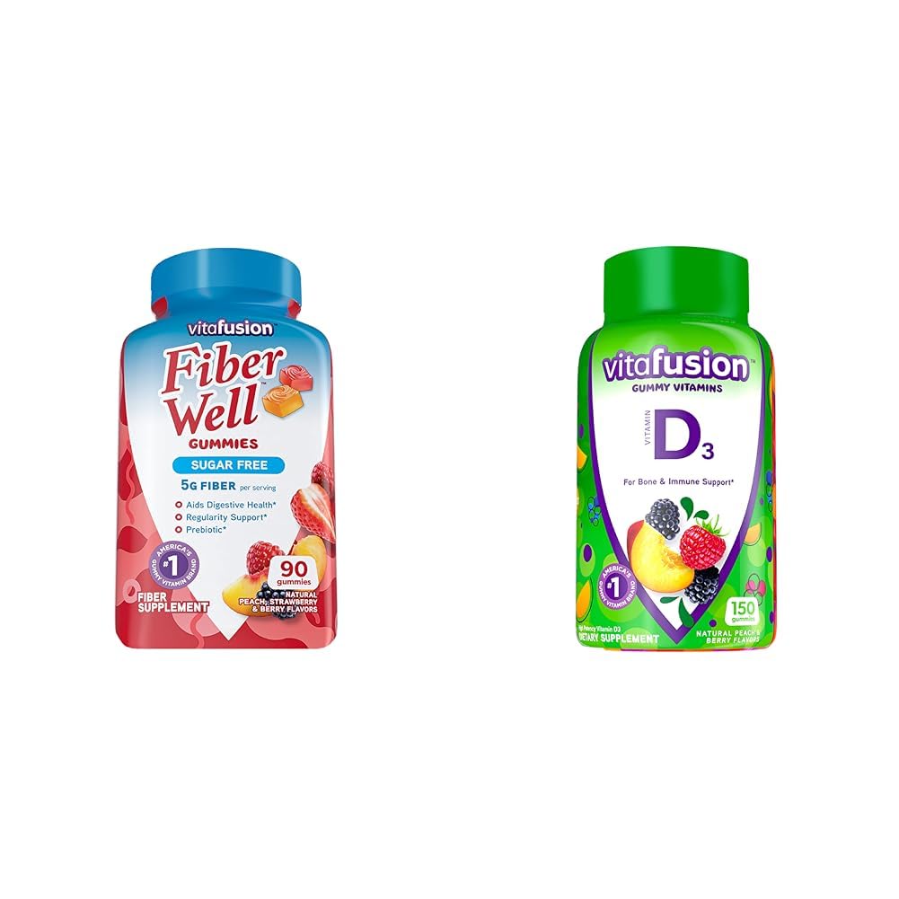 Vitafusion Fiber Well Sugar Free Fiber Sugar Supplement & Vitamiini D3 Gummy Vitamiinit luun ja immuunijärjestelmän tukea, persikka, karhunvatukka ja mansikka maku, 50 mikrog D-vitamiinia, 75 päivän tarjonta, 150 kreivi