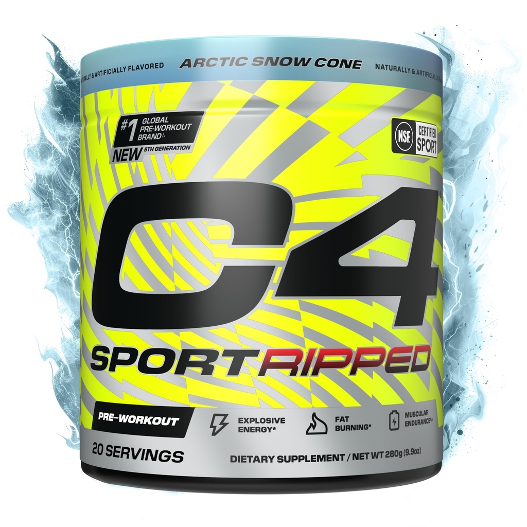 Cellucor C4 Ripped Sport Pre Workout Powder - NSF Certified for Sport - 200mg Caffeine + Cayenne Extract + Carnitine Tartrate + Beta-Alanine - Artic Snow Cone, 20 portioner