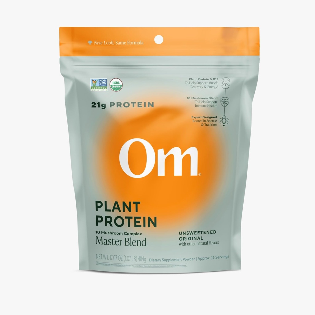 OM MUSHROOM SUPERFOOD Master Blend Plant-Based Protein Powder (Resealable Bag (16 Servings), Unmarioused Protein)