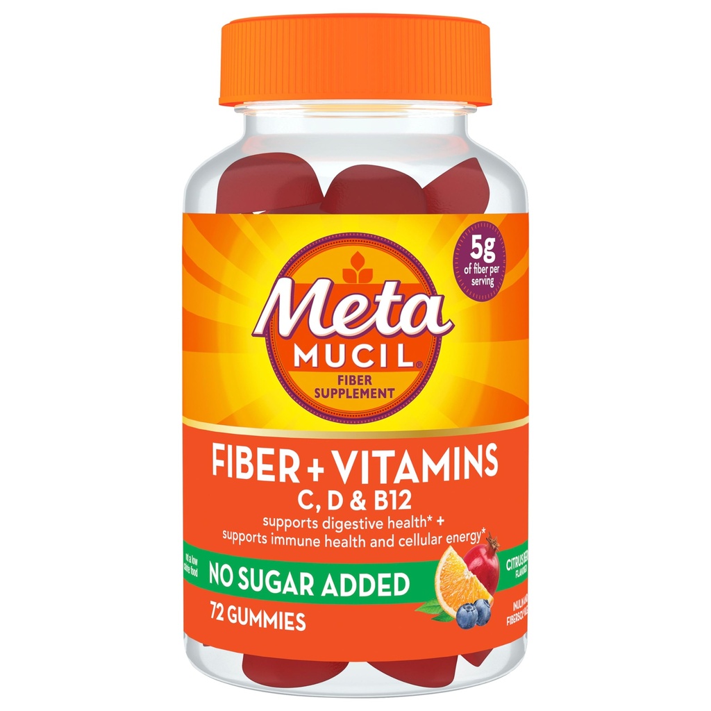 Metamucil Fiber Suplent 72 Gummies, Fiber + Vitamiineja C,D & B12 ei sokeria Lisätty, Tuki Ruoansulatus parantaa + Tuki Immuuniterveys, Citrus Berry Flavor.