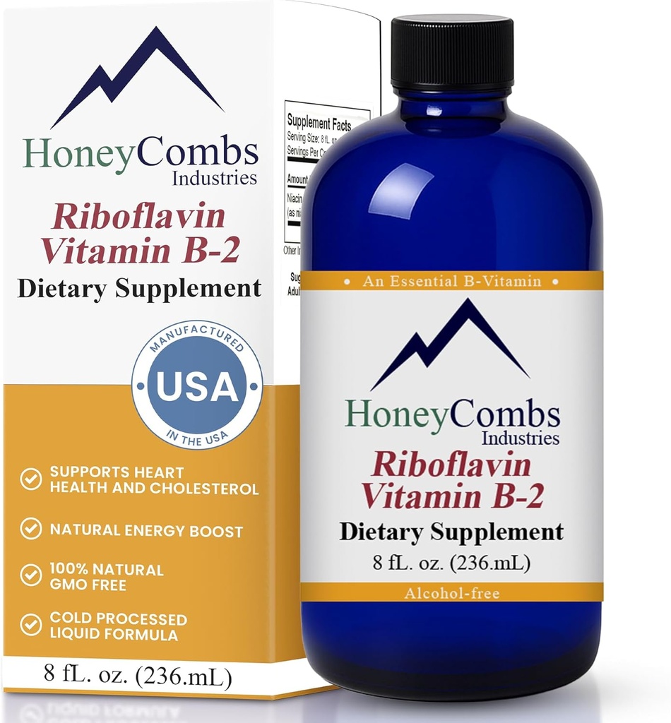 HoneyCombs Vitamin B2 Riboflavin Supplement Liquid Drops - High Potency Vitamin B2 för män och kvinnor - Upprätthåll hälsosam matsmältning, nervsystem, hår, hud, naglar - Vegan Liquid Vitaminer (8 Fl oz)