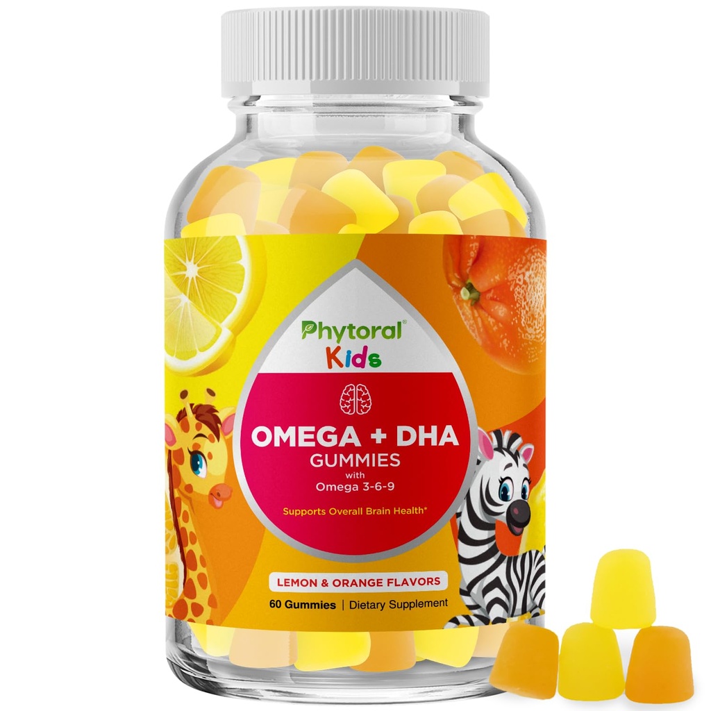 Kids Omega och DHA Gummies - Fatty Acids Omega 3 6 9 med Vitamin C för Vision - Nutritional DHA för barn för hälsosamt nervsystem och fokusstöd - Fiskfri - 60 greve