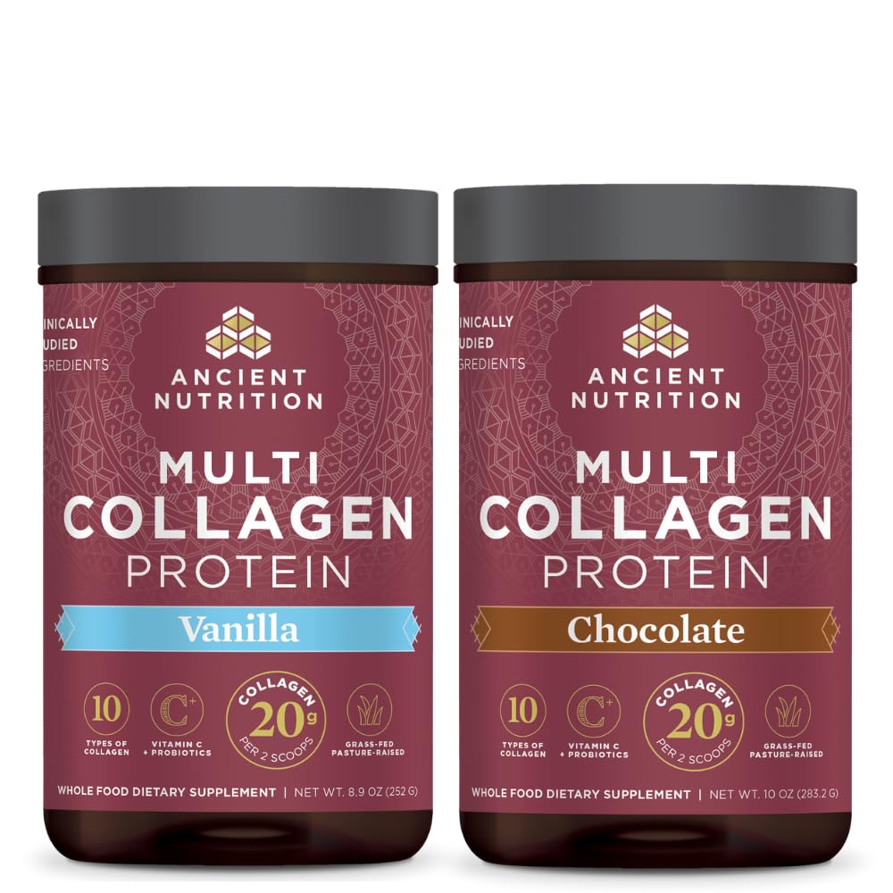 Antiikin ravitsemus Multi Collagen Protein Powder, vanilja, 24 tarjoilua + Multi Collagen Protein Powder, Suklaa, 24 tarjoilua