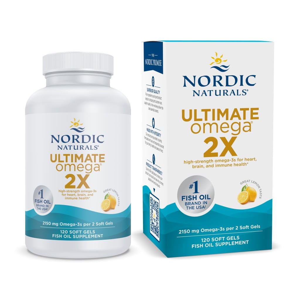 Nordic Naturals Ultimate Omega 2X, Lemon Flavor - 120 Soft Gels - 2150 mg Omega-3 - High-Potency Fish Oil med EPA & DHA - Främjar hjärna och hjärthälsa - Non-GMO - 60 portioner