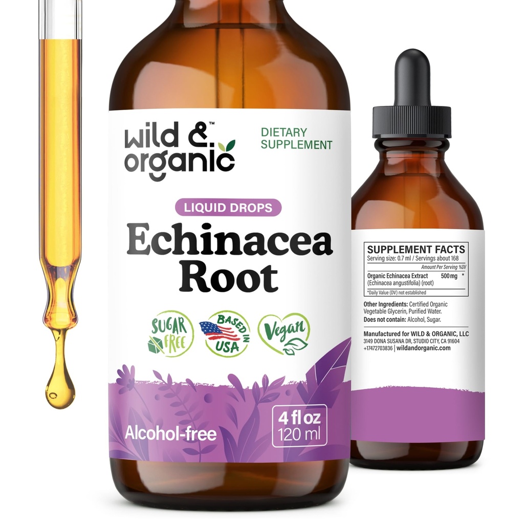 Wild & Organic Echinacea Drops - Immune Support Supplement med Echinacea Angustifolia - Liquid Root Extract Tincture - Vegan, Sugar & Alkoholfri - 4 fl oz