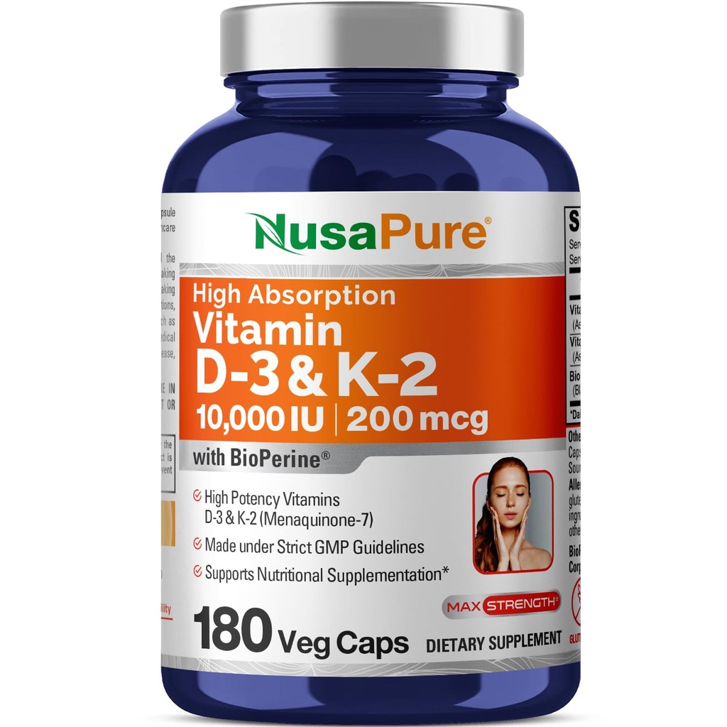 NusaPure-vitamiini K2 (MK7) (200mcg) + D3-vitamiini (10000 IU) 180 Veg Caps - Bioperine, soijaton, ei-GMO