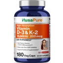 NusaPure-vitamiini K2 (MK7) (200mcg) + D3-vitamiini (10000 IU) 180 Veg Caps - Bioperine, soijaton, ei-GMO