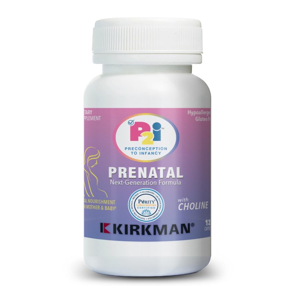 Kirkman P2i Prenatal Vitamins för kvinnor, Multivitamin med kolin, 120 kapslar, Vital Daily Nutritional Support för hälsosam mamma och baby, OBGYN Formulerad & stöds, Hypoallergenic & Gluten-Free