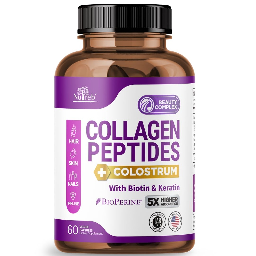 Collagen Peptides naisten kanssa kolostrum, biotiini ja Keratin - tyyppi I, II, III, V, X - 5X suurempi imeytyminen - hiukset iho ja kynnet vitamiinit - Kollageeni naisille - Collagen pillereitä - 60 kapselia