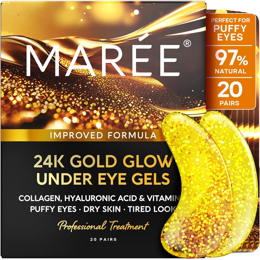MAREE 24k Gold Under Eye Geels for Dark Circles and Puffiness - Collagen & Hyaluronic Acid Skincare Gel Pads - Kulta silmät paikat Puffy silmät ja tummat ympyrät - alle silmät naamiot - Travel Essentials