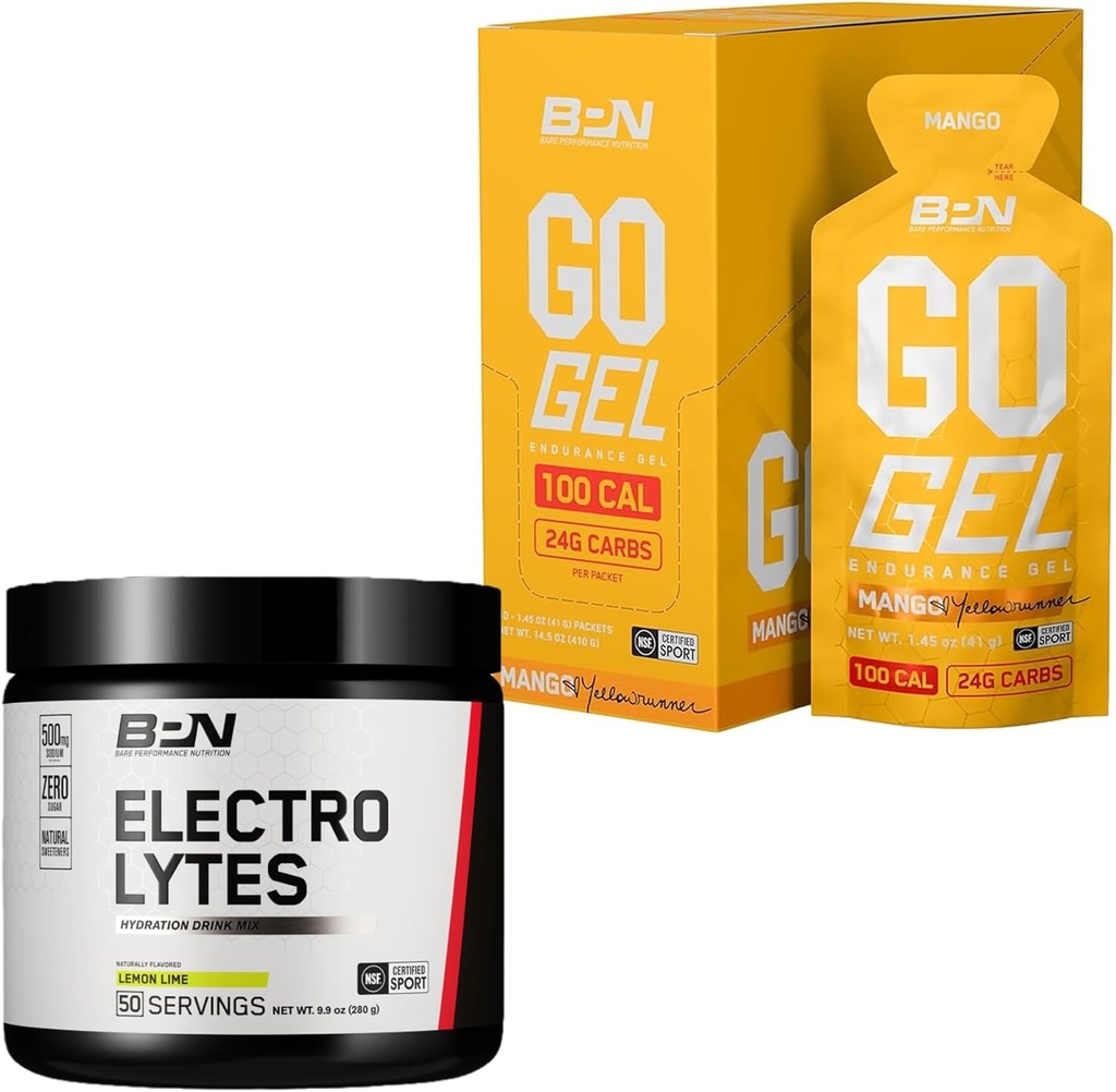 BARE-TEHOKKUUS BPN Elektrolyytit Nesteytys Drink Mix & Go Gel Endurance Gel Mango Bundle
