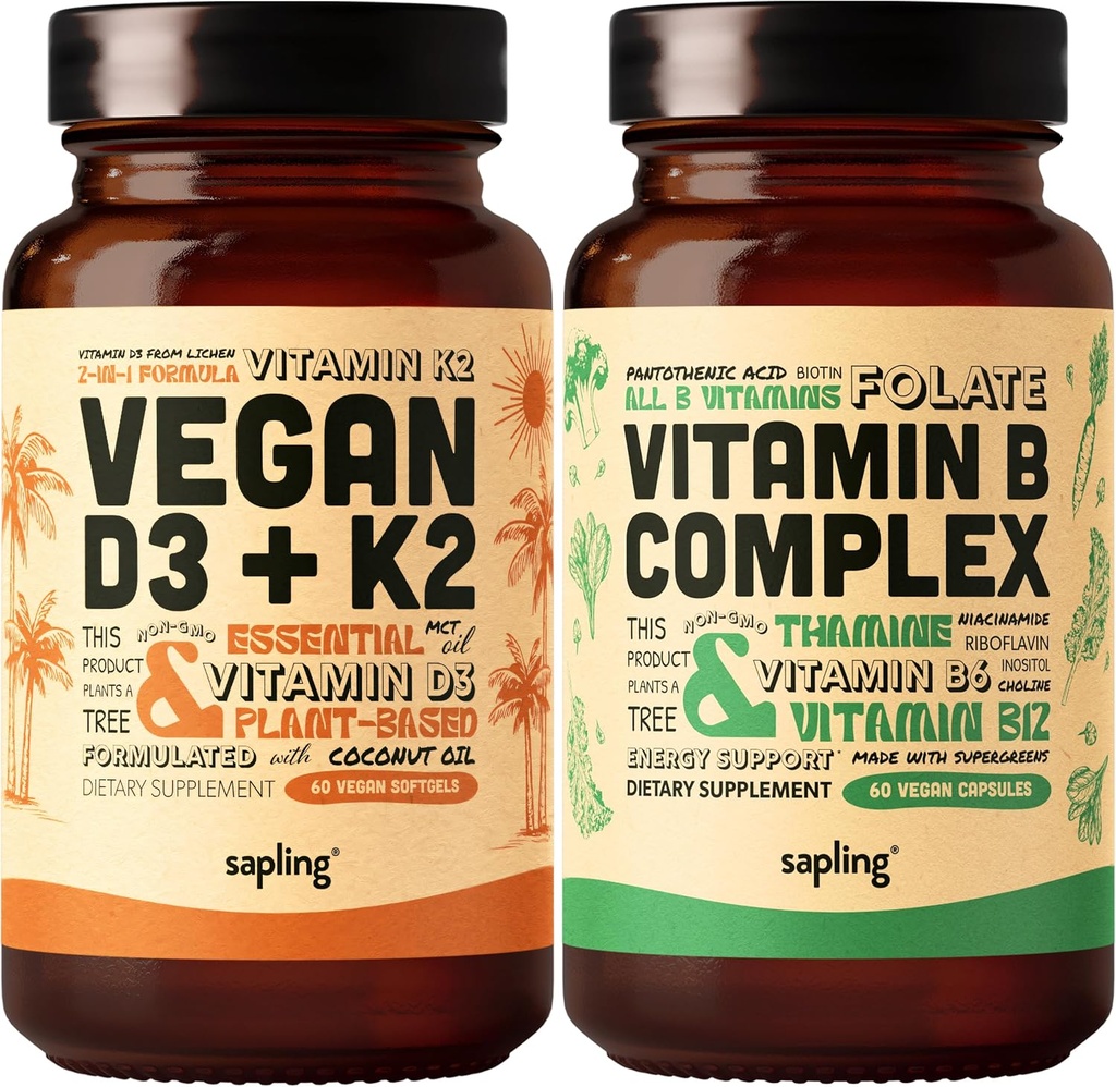 Vegaani D3-vitamiini + K2 & B-vitamiini Kompleksibundle - 4000 IU D3-vitamiinia ja 100 mcg K2-vitamiinia Mk7, Essential B-vitamiinia, jossa on koko ruokasekoitus, B1, B2, B3, B5, B6, B7, Folate