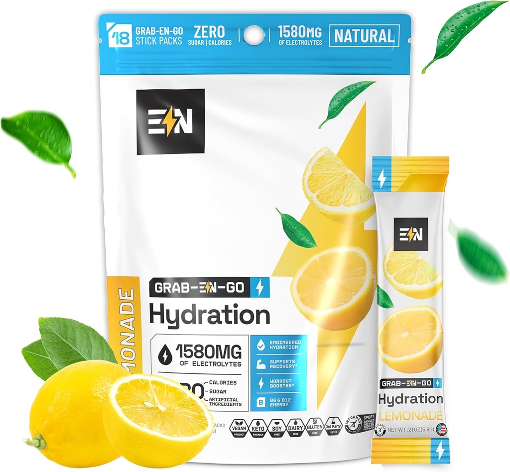 Insinööriravinto Sokerittomat Elektrolyyttijauhepakkaukset - sitruunan maku - Keto Hydration Packets w/Magnesium, Kalium & Sodium - Zero Calorie, Vegan, Ei-GMO, Gluteenittomat - 18 Single Servings