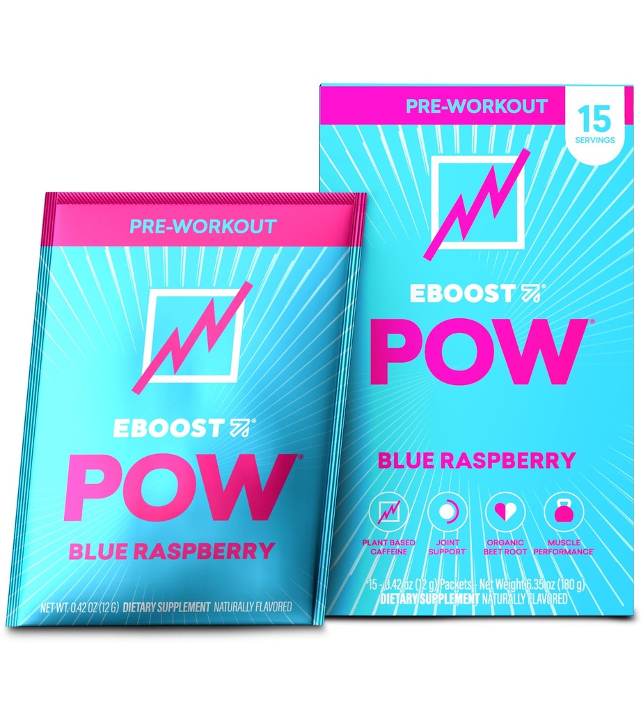 EBOOST POW Natural Pre Treenout Powder - 15 Packets, Blue Raspberry - Preworkout Energy Booster kuntosali täydentää Drink Mix miesten ja naisten - suorituskyky, yhteinen liikkuvuus tuki - Gluteeniton