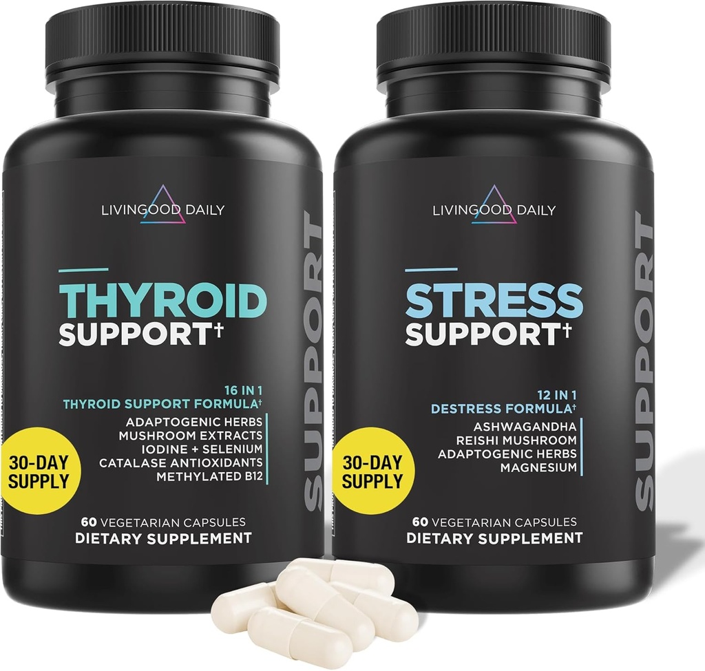 Livingood Daily Kilpirauhasen tuki Bundle - Täydellinen Kilpirauhasen täydentää Plus lisäravinteet ja Cortisol tuki