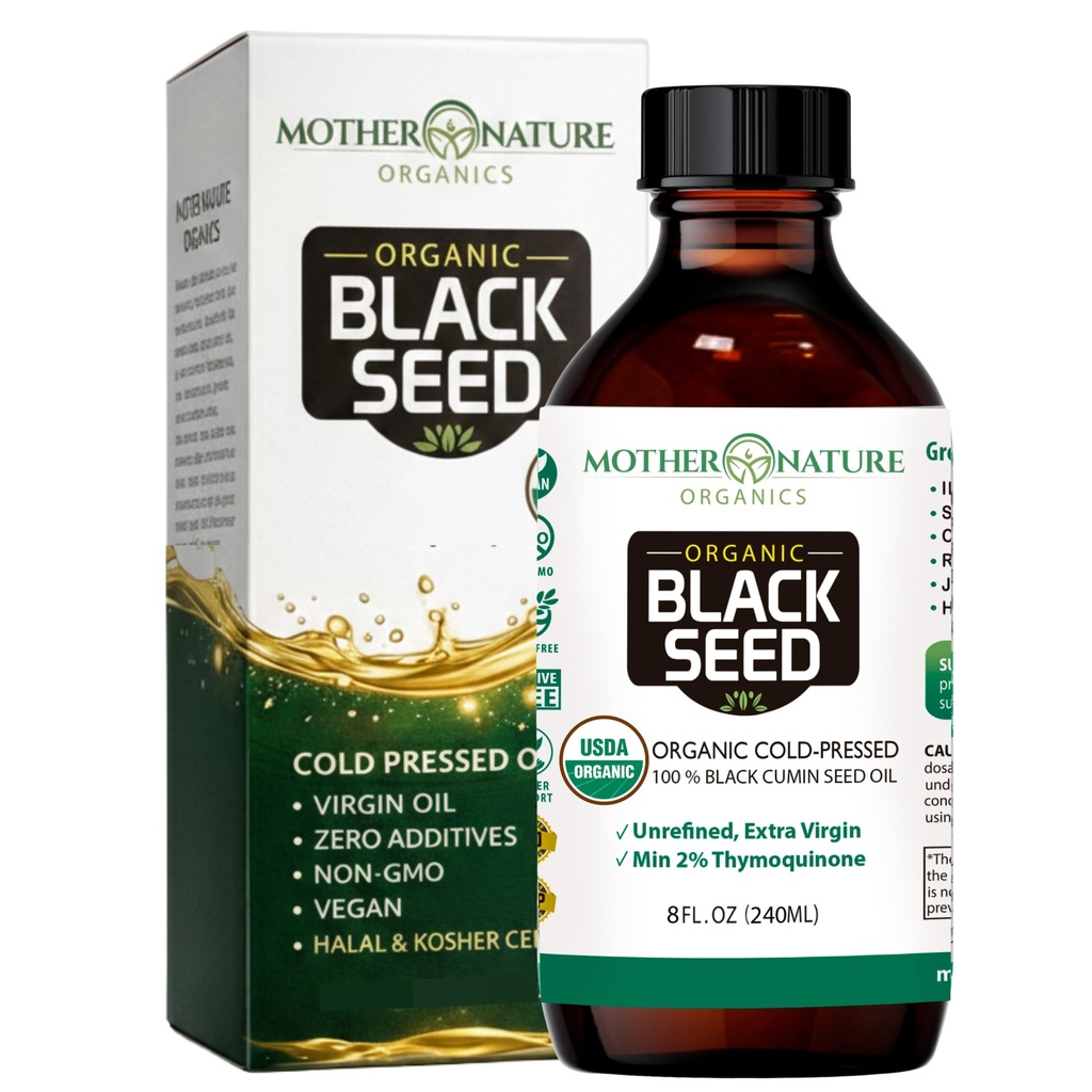 Äiti Luonto USDA Organic Black Seed Oil, High TQ 2%, Cold Pressed, jalostamaton Nigella Sativa, Omega 3 6 9 Immuunit, Joint & Heart Support, Hiukset ja iho, ei-GMO, lasipullo (8oz)