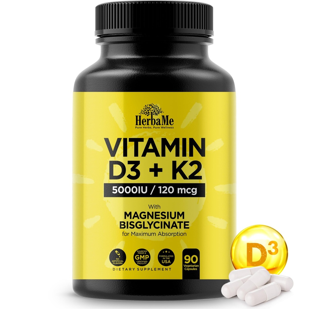 D3-vitamiini 5000 IU + K2-vitamiini ja magnesiumbisglysinaatti Max Imeytyminen 90 kapselia Immunosupport .