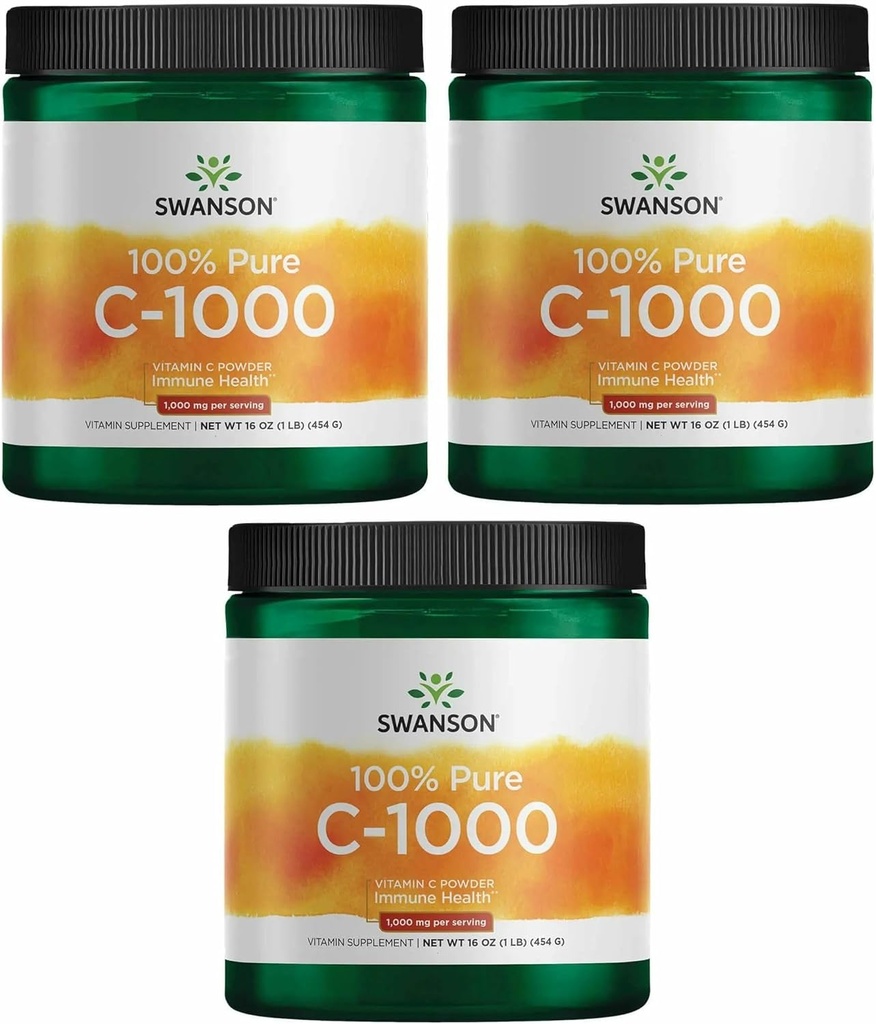 Swanson C-vitamiinijauhe 100% puhdas askorbiinihappo, immuunijärjestelmän tuki, ihon terveys, kardiovaskulaarinen terveys, antioksidantti täydentää 1000 mg (per tarjoilu) 1 lb. 454 g (3 pakkaus)