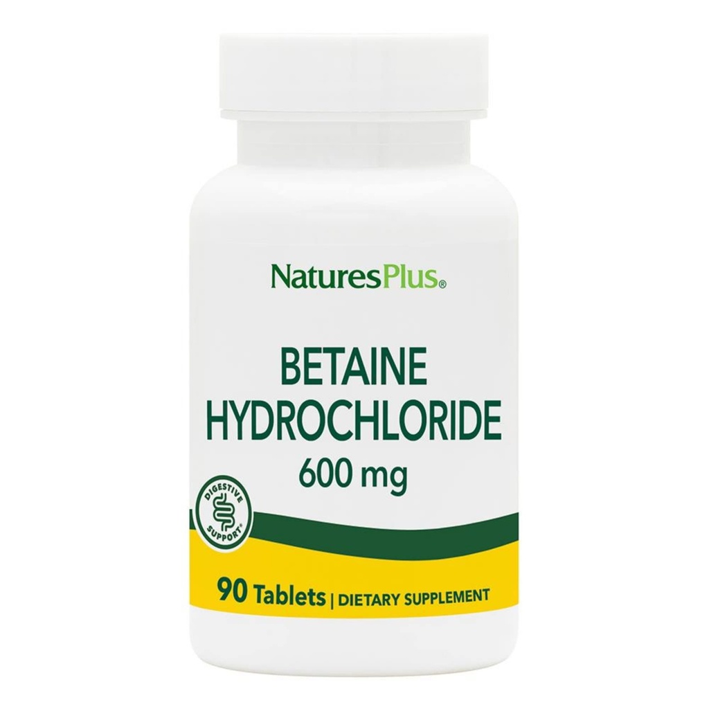 NaturesPlus Betaiini HCl (Hydrochlorothiazide) - 600 mg, 90 tablettia - Ruoansulatuskanavan lisäravinteet, lievittää oireita ajoittainen närästys ja ruoansulatushäiriöt - Hypoallergenic, Gluteeniton - 90 tarjoilu