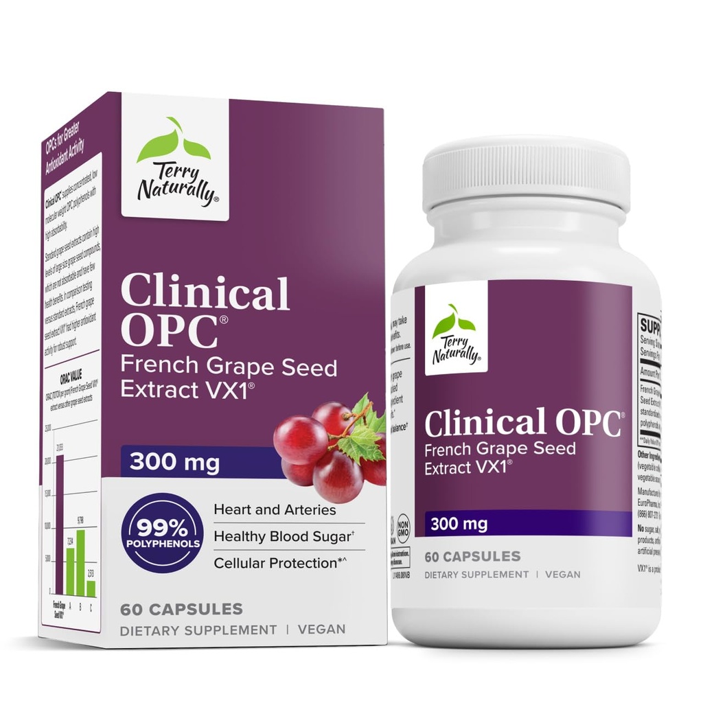 Terry Luonnollisesti Kliininen OPC - Kardiovaskulaarisia terveys & Focus tuki täydentää - Ravintolisä viinirypäleen seed Extract & Auringonkukka lesitiini - Immuuni tuki täydentää - 300 mg, 60 Softgels
