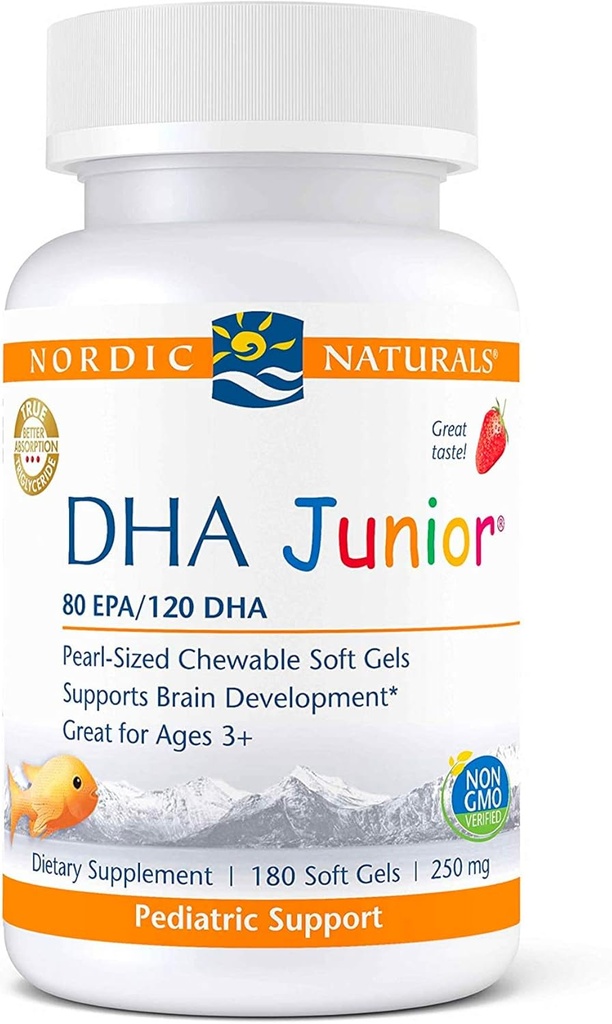 Nordic Naturals Pro DHA Junior, Mansikka - 180 Mini Pureskeltavat pehmeät geelit - 250 mg Total Omega-3s EPA & DHA - Aivojen kehitys & Visual Function - ei-GMO - 45 Servings