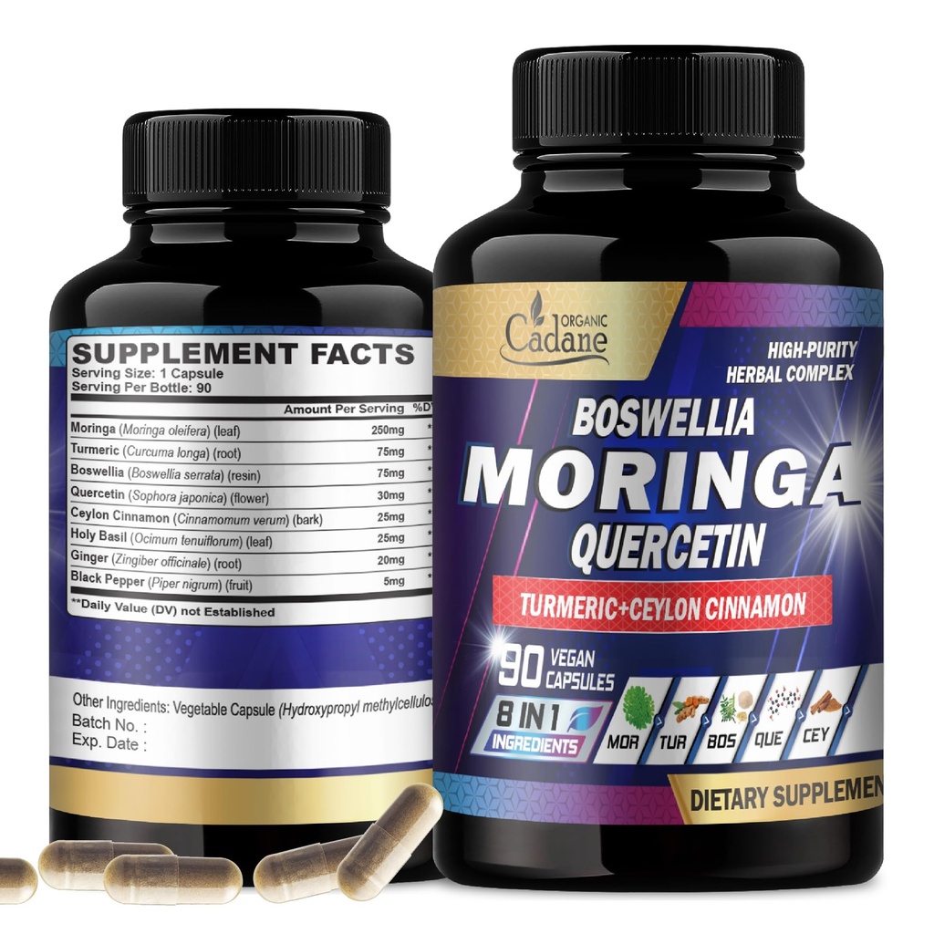 Organisk Cadane Moringa Leaf med gurkmeja, Boswellia, Quercetin, Ceylon Cinnamon, Holy Basil, Ginger och Black Pepper - 8in1 Supplements - 90 Veggie Capsules för 3-månaders leverans
