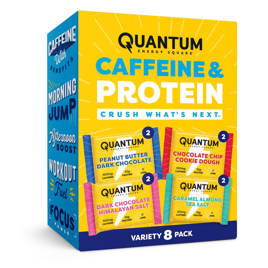 Quantum Energy Square: Energy Bar med koffein och 10g protein. Delicious Healthy Snack On The Go (Vegan, Gluten-fri, Soy-fri, Dairy-fri) (Variety 8-Pack)