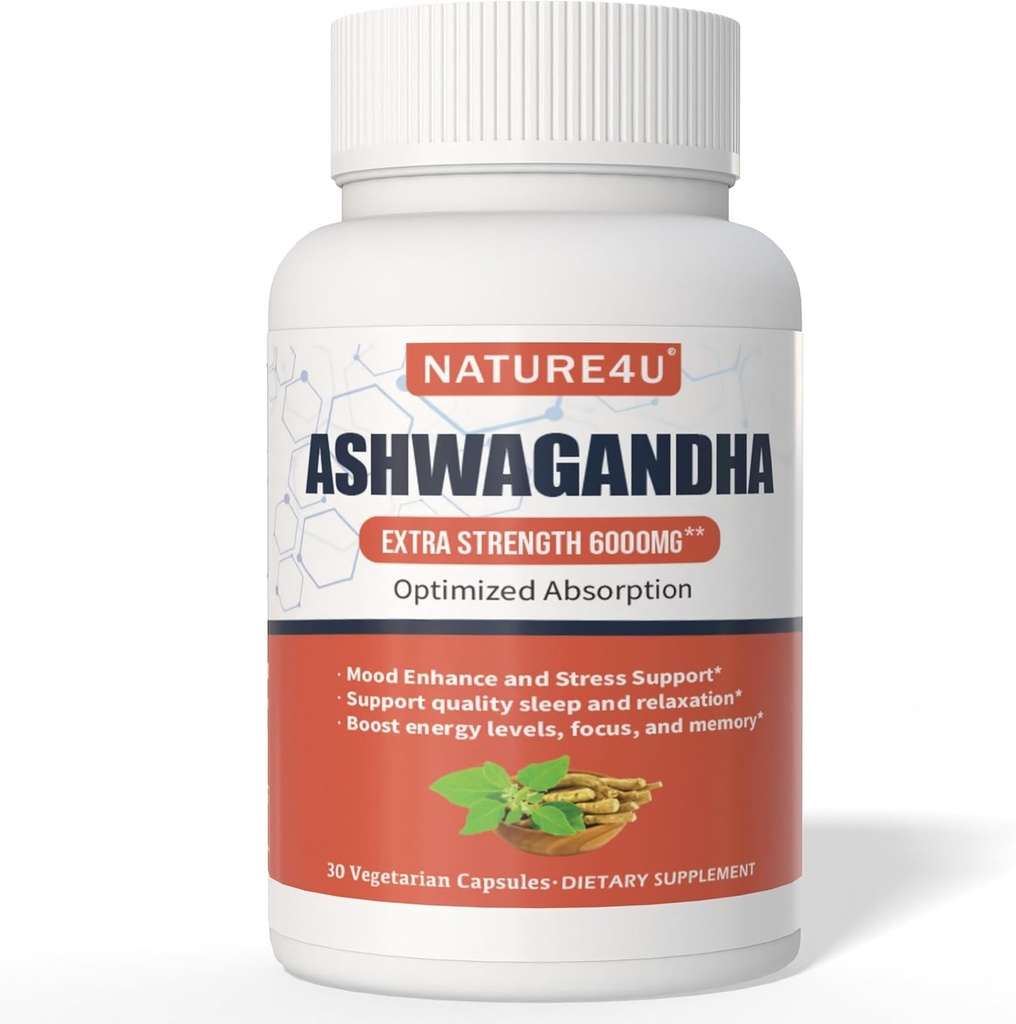 Ashwagandha 6000mg Maximal Styrka, Optimerad Absorption med Black Pepper och Ginger Root, Natural Adaptogen Mood & Stress Support, Sleep & Energy Support, 30 Vegan Capsules 1 månad