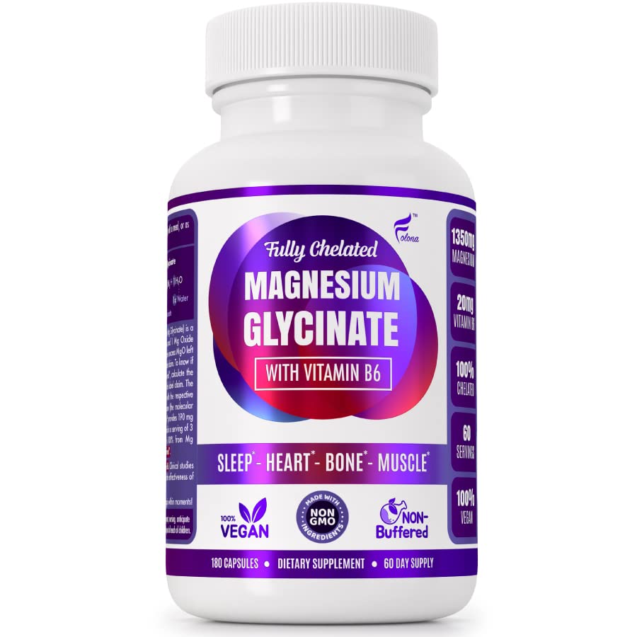 Magnesium Glycinate med vitamin B6 Forskning visat sig förbättra Absorption, 1350mg Fullt chelated - Stöder sömn, stressavlastning, energi, muskelkramper - Glutenfri, NonGMO, 180 Vegan kapslar