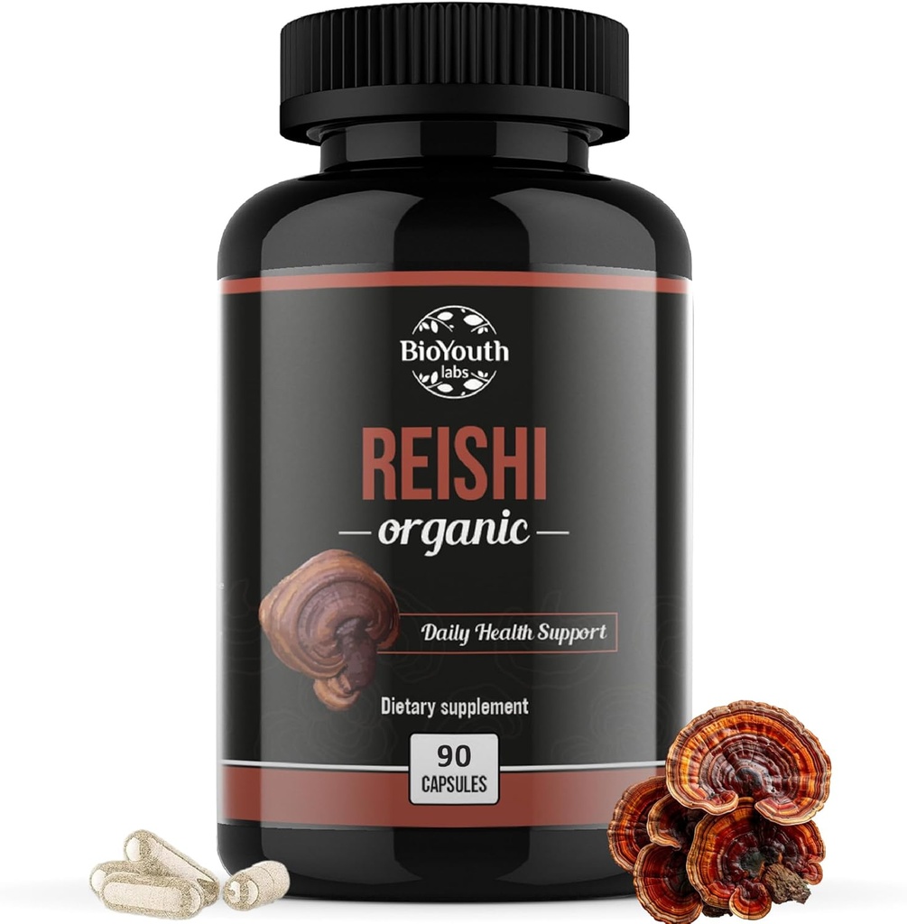 Organic Reishi Mushroom -kapselit täydennysosat Ei-GMO & Allergen-vapaa 90 kapselia (1-kuukautta)