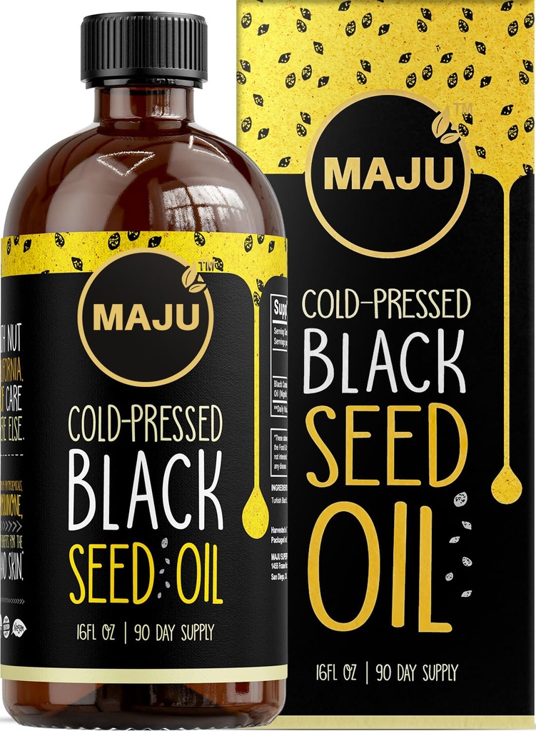 MAJRU's Black Seed Oil 16oz: 3X Thymokinoni, kylmäpuristettu, 100% turkkilainen musta Cumin Nigella Sativa Seed Oil (Better Than Organic), non-GMO, 100% nestemäinen puhdas Mustasiemenöljy, lasipullo
