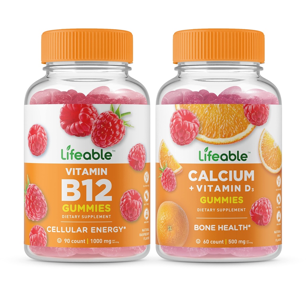 Elinkelpoinen B12-vitamiini + kalsium D-vitamiinilla, Gummies Bundle - suuri kastike, vitamiinilisä, gluteeniton, GMO-vapaa, pureskeltava