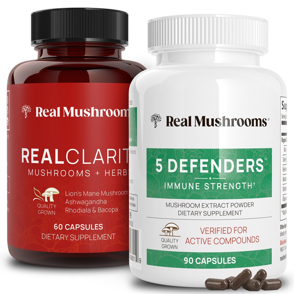Real Mushrooms RealClarity (60ct) och 5 Defenders (90ct) Capsules Bundle - Mushroom Supplement för Mental Clarity, Focus & Immune Strength - Vegan, icke-GMO, Verifierade nivåer av Beta-Glucans