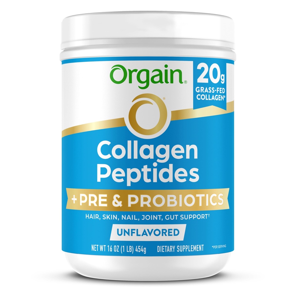 Orgain Hydrolyzed Collagen Peptides + Prebiootit & Probiootit Powder for Women & Men, 20g Grass Fed Collagen, 1 miljardia PMY - Tukee Ruoansulatuskanavan, hiukset, iho & nivelterveys, ei-GMO, tyyppi I & III, 1lb