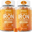 Järn Gummies + gurkmeja 600mg för kvinnor Män, Järntillskott med multivitaminer C, A, B-Complex, folat, Zink för järnbrist, Anemi och energi, Gentle, icke-konstiperande, tuggbar, Vegan, 2 Pack