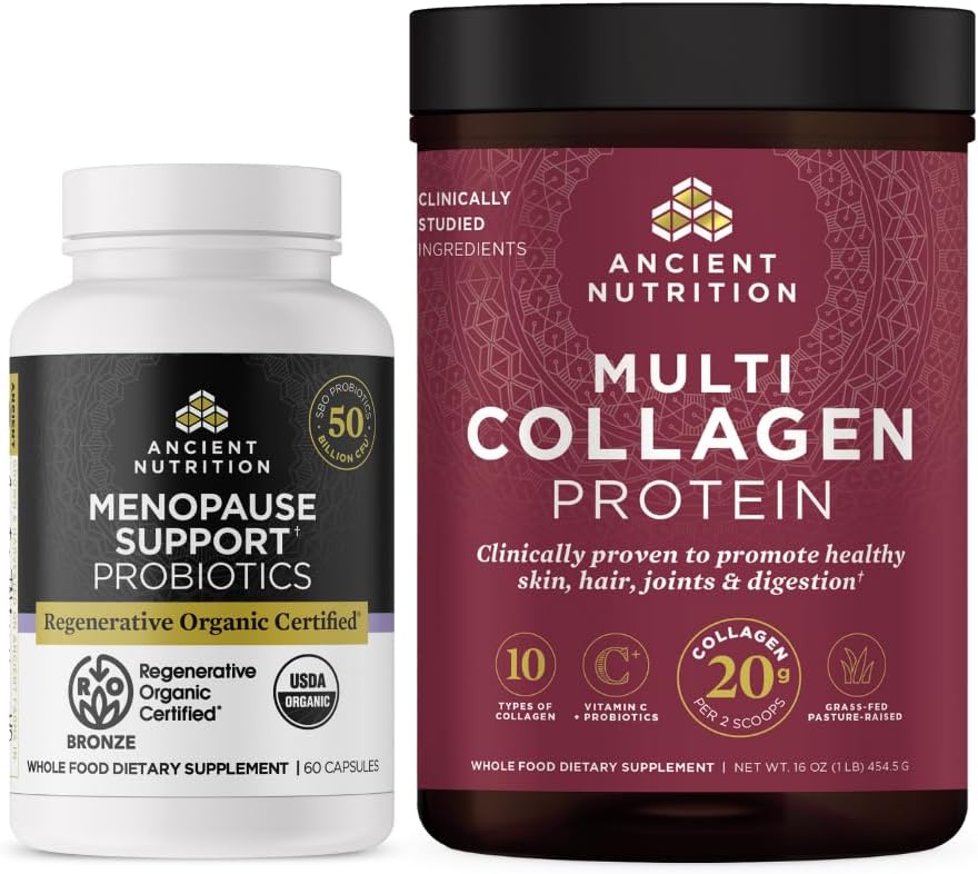 Ancient Nutrition Regenerative Organic Certified Probiotics for Menopause, 60 Count + Multi Collagen Protein Powder Unmaured, 45 Tarjoukset