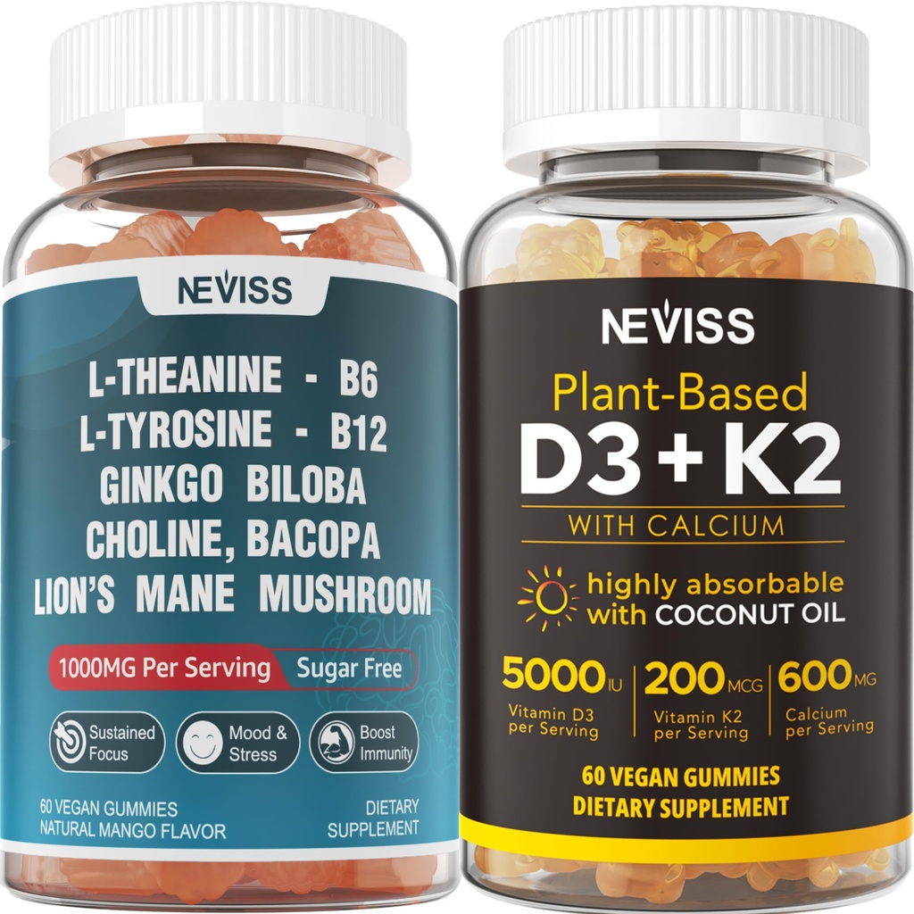 NEVISS Sugar Free L-tyrosine L-Theanine Gummies 120 Counts + Sokeriton D3 5000IU K2 Gummies 120 Counts