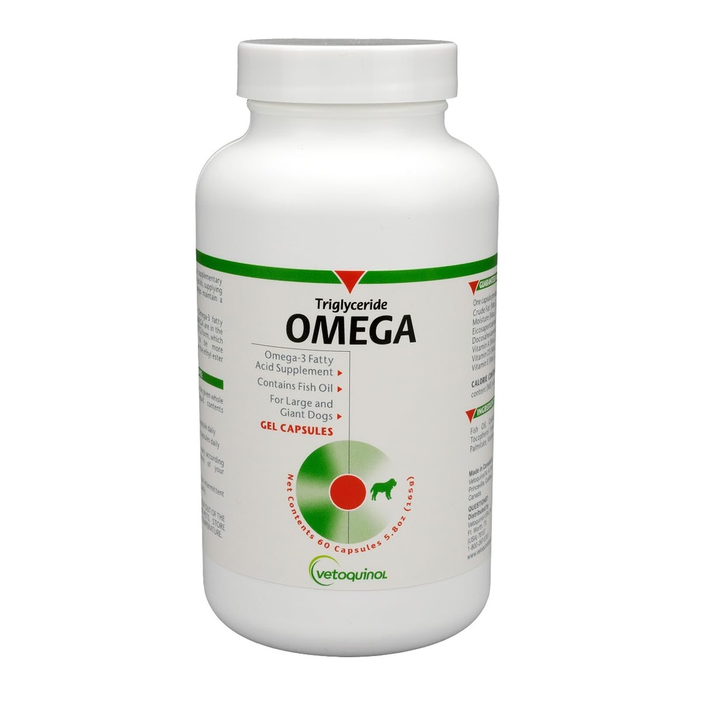 Vetoquinol Triglyceride Omega 3 Supplement för stora hundar, hundfiskolja tillskott med EPA och DHA, främjar hud, rock, gemensam och immun hälsa, Omega 3 fiskolja för hundar 60lbs eller mer, 60ct