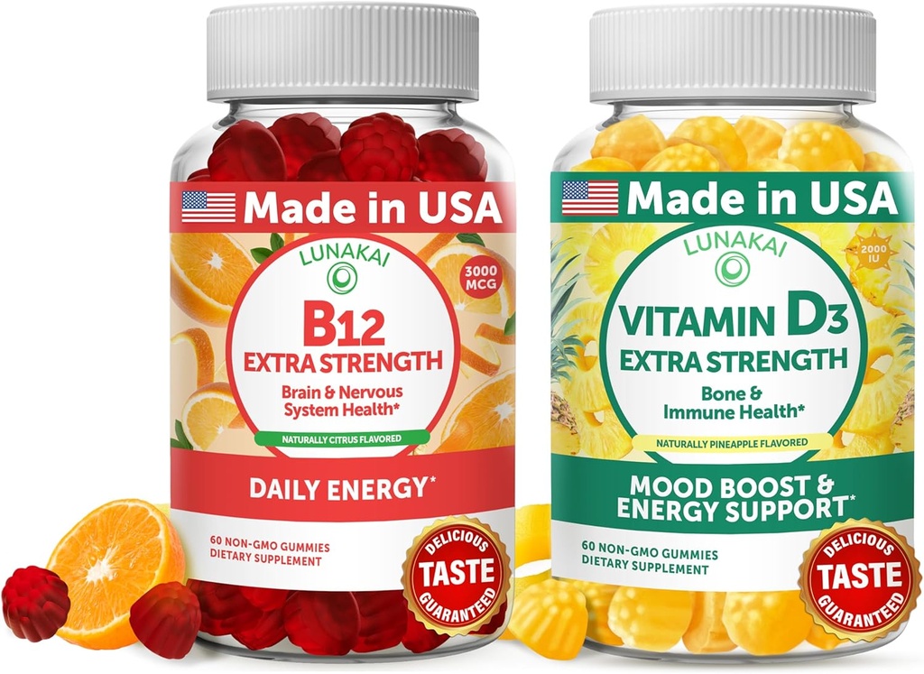 Lunakai Vitamin B12 och vitamin D3 Gummies Bundle - 3000 mcg B12 och 25 mcg 1000 UI VIT D3 - Gluten Free, No Corn Syrup, Organic, Non-GMO, Plant Based Gelatin Free