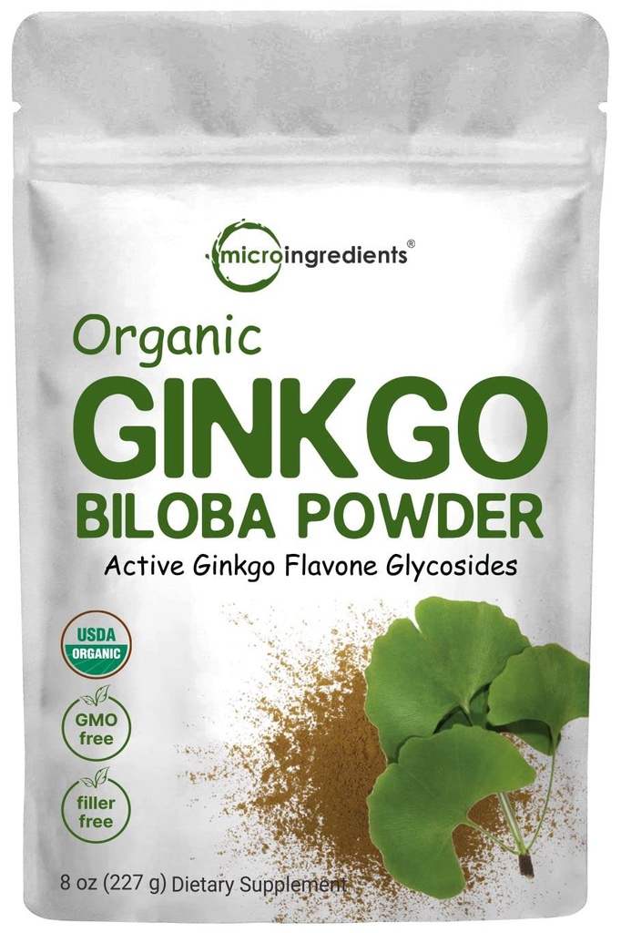 Micro Ingredients Raw Organic Ginkgo Biloba Powder, 8 Ounce (18 kuukauden tarjonta), Filler ilmaiseksi, tukee aivojen toimintaa ja henkistä valppautta, ei muuntogeenisiä organismeja ja vegaaninen Friendly