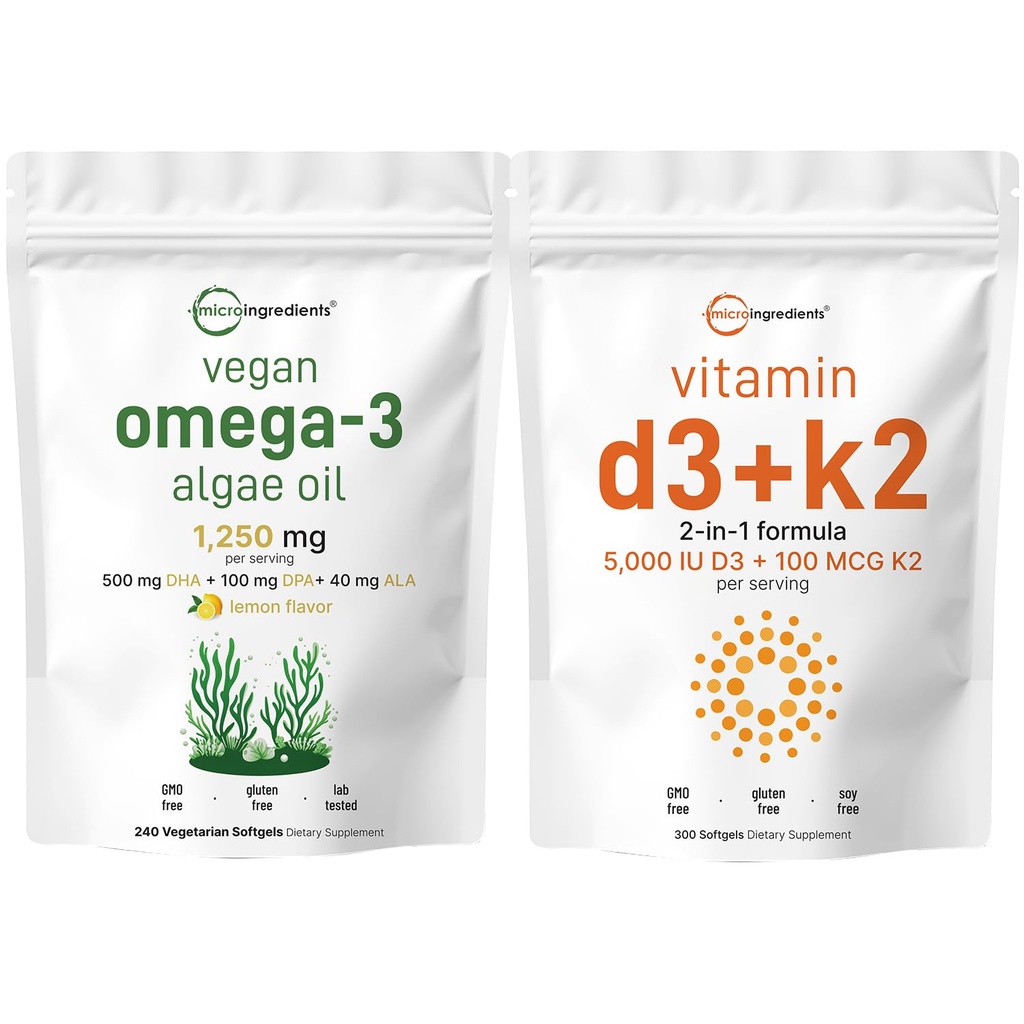 Mikro-aineet D3-vitamiini 5 000iu + K2 100mcg Softgels & Vegan Omega 3 Algae Oil Supplement Bundle 2 Pack 