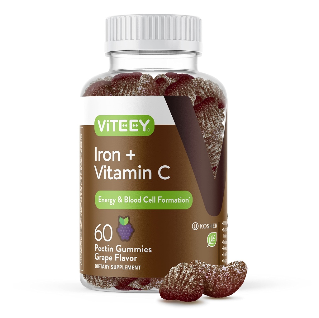 Vitey Iron Gummies - Silitysrauta C-vitamiini - Energia, Bood Support ja anemia täydentää naisten ja miesten - Vegaani, Gluteeniton - 60 Count