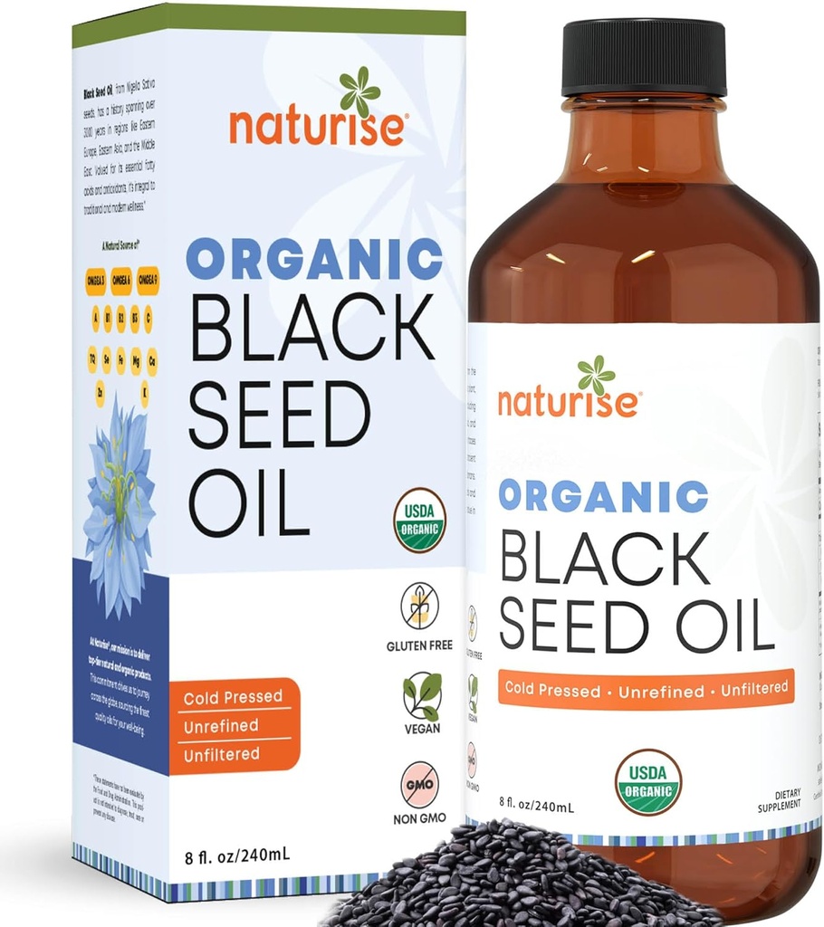 Organic Black Seed Oil (Nigella Sativa, Cumin Seed) Kylmäpuristettu ei-GMO, 8 oz lasipullo lähde Essential rasvahapot, Omega 3 6 9"