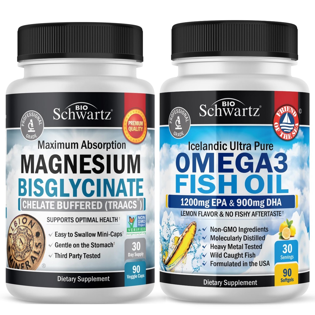Magnesiumbisglysinaatti 180 Count + Omega 3 Fish Oil 90 Count Bundle