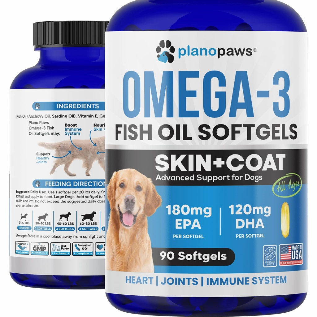 Omega 3 fiskolja för hundar - laxolja för hundar - Dog Fish Oil Supplement kan hjälpa Shedding, allergi, kläck lättnad - stöder torr hud, gemensamma - hund hud och kosttillskott - 90 fiskoljepiller EPA DHA