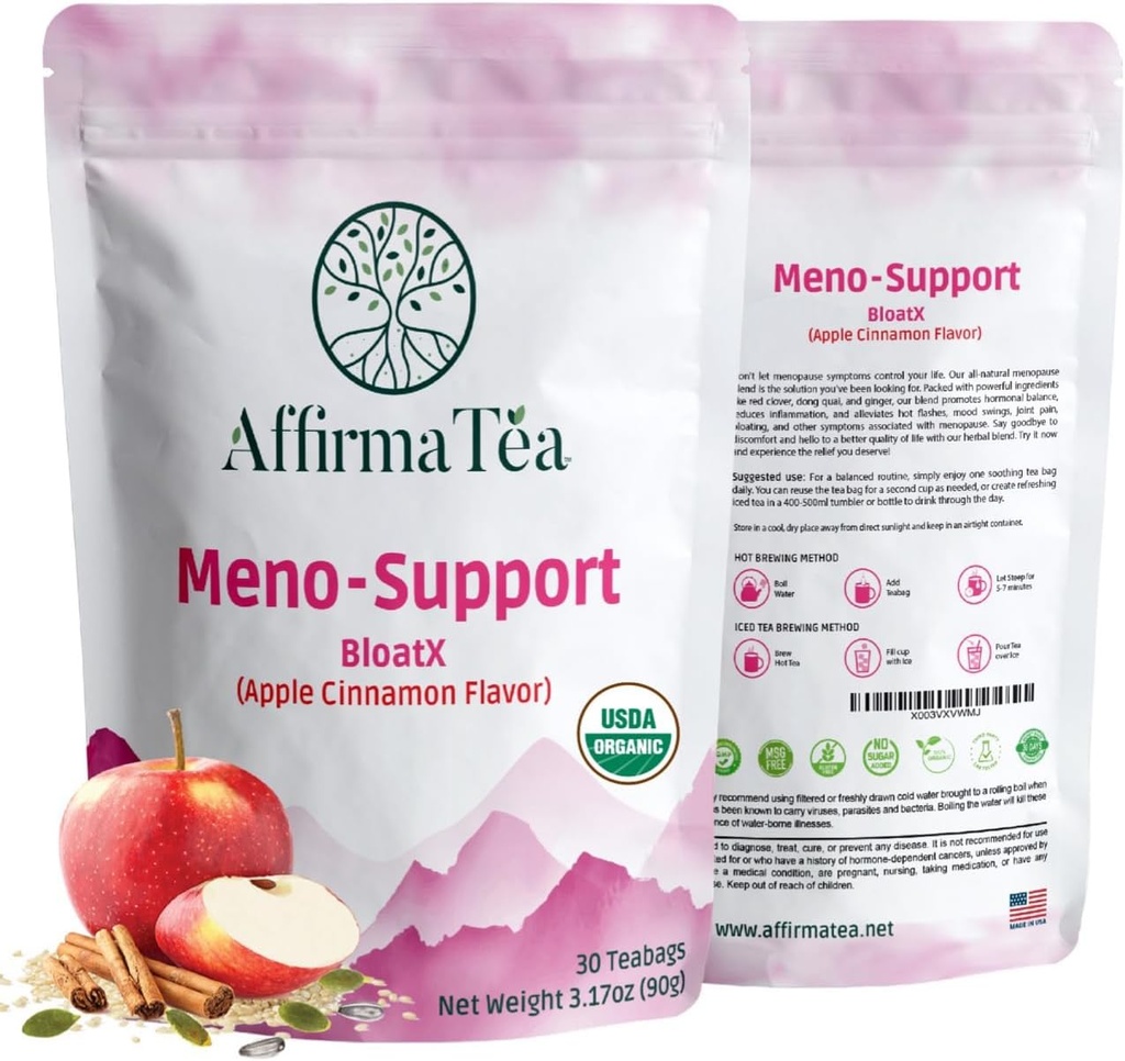 Meno-Support BloatX Organic Menopause Relief: Balances & Tukee Hot Flashs, Hormonit, Moods Swings, Night Sweats, & turvotus W/Black Cohosh, Red Clover & Dong Quai. Luonnollinen Apple-Cinnamon maku.