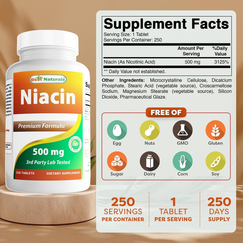 Best Naturals Niacin 500mg 250 tablettia, joissa punoitus - myös kutsutaan B3-vitamiini (250 laatikko 2)