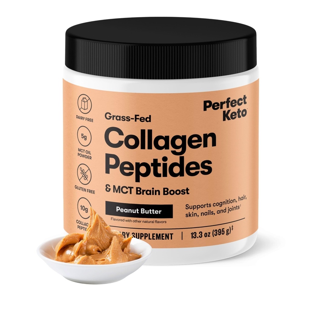 Täydellinen Keto Collagen Peptides Protein Powder with MCT Oil, Hydrolysed Collagen, Tyyppi I & III Supplement, Gluteeniton Grass Fed, Low Carb, Keto Coffee Creamer, Collagen for Women & Men, Peanut Butter