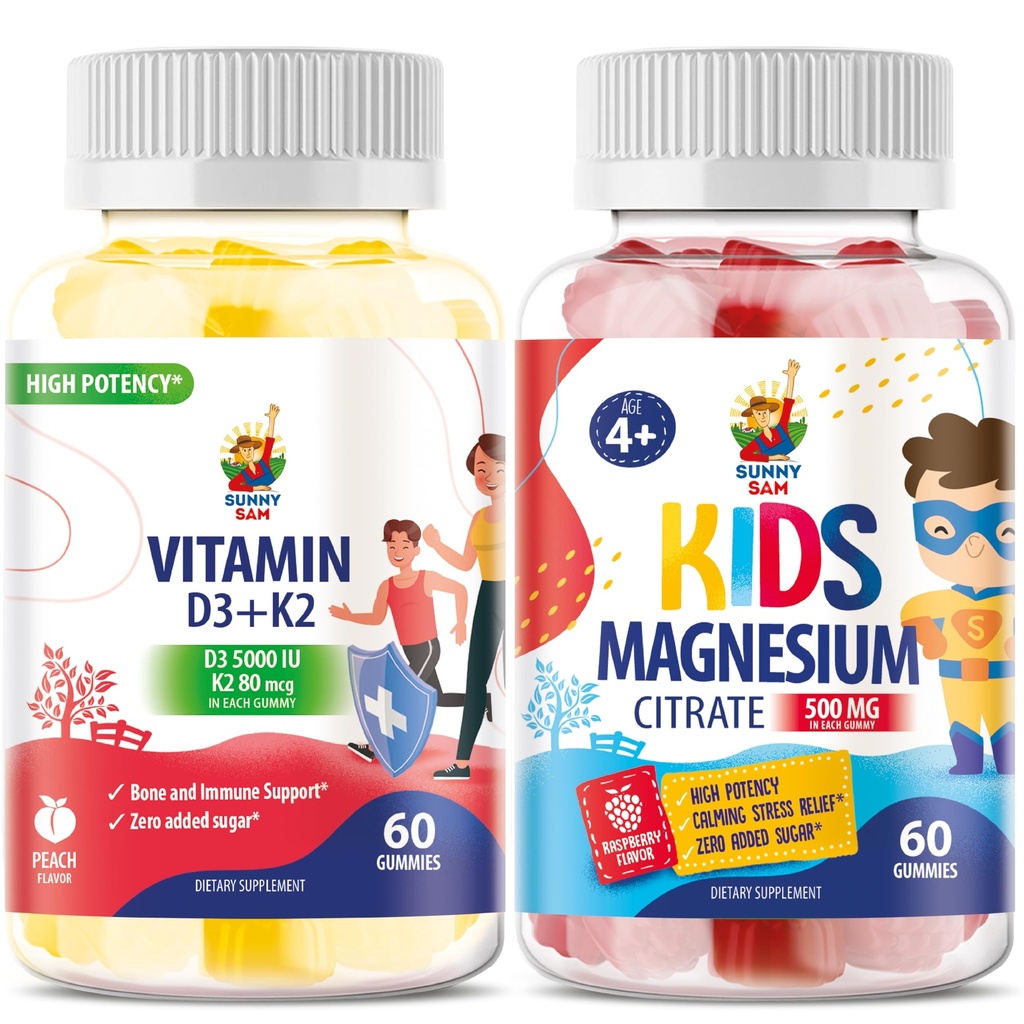 Magnesium Gummies för barn & vitamin D3 K2 Gummies 5000 IE - Immune & Bone Support - Sugar-Free Vitamin D Gummy Supplement - High-Absorption, Vegan, Gluten-Free Gummies för vuxna